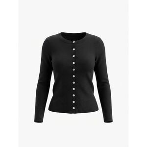 Ribbed Button Down Cardigan Women Large Black Long Sleeve Stretch Excellent